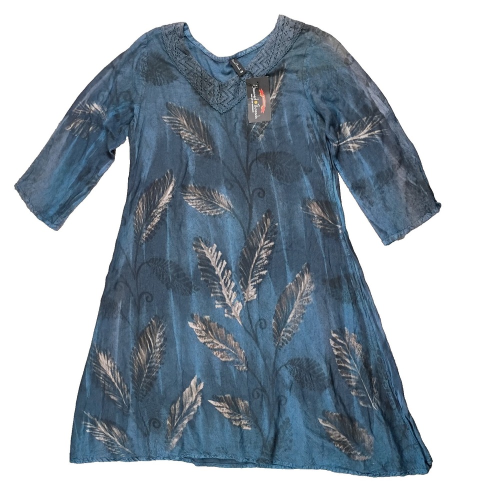 Sacred Threads OS Blue Batik Rayon Print Tunic Blouse Lightweight Half Sleeve **
